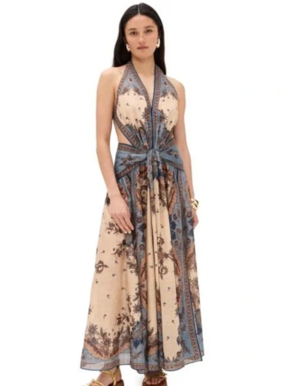 Zimmermann Blue and Cream Floral Tie-Front Maxi Dress